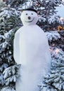 Tall snowman with hat in front of snow covered trees at night