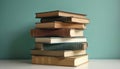 Tall stack of aged hardcover books rests on white table. Different colored brown, blue, green book covers piled high against Royalty Free Stock Photo