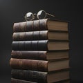 A tall stack of antique leather bound books with reading glasses on top Royalty Free Stock Photo