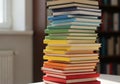 A tall stack of books arranged by color in a gradient from red at the bottom to blue at the top Royalty Free Stock Photo