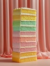 Tall stack of colorful layered cakes with pastel backdrop. Royalty Free Stock Photo