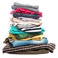 Tall Stack of Folded Clothes on White Background Keywords: laundry, clothes, stack, folded, pile, clothing Royalty Free Stock Photo