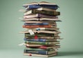 A tall stack of hardcover books with different colored spines, featuring various fictitious titles Royalty Free Stock Photo