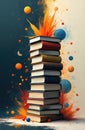 Tall stack of hardcover books with explosion of color, planets, and moon. Knowledge and imagination concepts for education Royalty Free Stock Photo