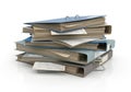 A tall stack of old blue and gray binders filled with papers isolated on white background Royalty Free Stock Photo