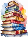 Tall stack of old books watercolor illustration, pile of books, reading, learning and educational theme Royalty Free Stock Photo