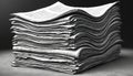 Tall stack of old newspapers forms a wavy pile. Black and white print media shows text, articles and stories. Vintage information Royalty Free Stock Photo