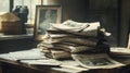 A tall stack of old newspapers is resting on a wooden table Royalty Free Stock Photo