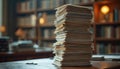 Tall stack of old papers rests on desk. Bookshelves in library form blurry background. Concept of large workload or important Royalty Free Stock Photo