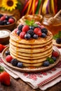 Tall Stack Of Pancakes With Mixed Berries Honey And Rustic Table Setting Royalty Free Stock Photo