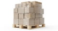 Tall stack of sealed cardboard shipping boxes secured with stretch wrap on a wooden pallet. Royalty Free Stock Photo