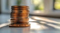 Silver coins stacked on a wooden surface illuminated by sunlight in a minimalist setting Royalty Free Stock Photo