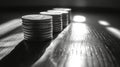 Silver coins stacked on a wooden surface illuminated by sunlight in a minimalist setting Royalty Free Stock Photo
