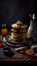 Tall stack of tasty pancakes, maple syrup, butter, blueberries. Generative AI