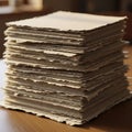 A tall stack of textured, handmade paper sheets sits on a wooden surface Royalty Free Stock Photo