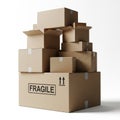 Stack of assorted cardboard shipping boxes with fragile and arrow markings on white background Royalty Free Stock Photo
