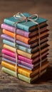 Stack of colorful bound journals tied with string on weathered wooden backdrop Royalty Free Stock Photo