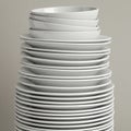 A tall stack of white, ceramic plates is arranged in a slightly uneven pile. The plates ar Royalty Free Stock Photo