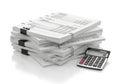 Stack of documents and calculator on white background Royalty Free Stock Photo