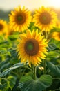 Tall stalks of sun-loving sunflowers swaying gently in the summer breeze