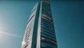 Tall steel skyscraper reflects modern city life in blue glass generated by AI