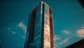 Tall steel skyscraper reflects modern city life success generated by AI