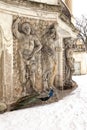 Tall stone figures holding castle balcony Royalty Free Stock Photo