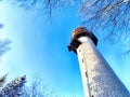 Tall stone lighthouse with surrounding trees under a sunny sky. Majestic water tower Against a Clear Blue Sky in Royalty Free Stock Photo