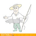 Tall Stories, boastful fisherman. Editable vector graphic in linear style