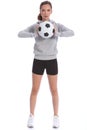 Tall teenage girl soccer player with sports ball Royalty Free Stock Photo