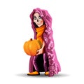 A tall teenager wearing a burgundy cloak and a skull mask. Skeleton boy holding a pumpkin for Halloween. Cartoon vector