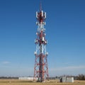 A tall telecommunications tower with a red and white lattice structure stands in an Royalty Free Stock Photo
