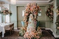 tall tiered cake covered in delicate pastel flowers and greenery Royalty Free Stock Photo