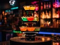 A tall tower of drinks on a bar. AI generative image.