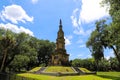 A tall tower shaped monument in the park surrounded by lush green grass and weeping willow trees with blue sky and clouds