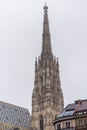 Tall tower of St. Stephen`s Cathedral, the mother church of the Roman Catholic Archdiocese of Vienna and the seat of the