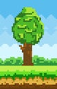 Tall tree grows in clearing with green grass pixel design. Tree and bush symbol of pixel game