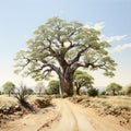 Hyper-realistic Animal Illustration Dusty Dirt Road Through Baobab Tree