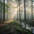Tall trees in a misty forest with light filtering through the Royalty Free Stock Photo