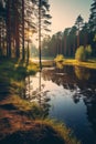 Tall trees reflected in a still lake in the forest. Evening sunlight. Royalty Free Stock Photo