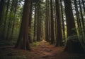 Tall trees with straight, thick trunks line a forest path, their bark a deep brown. The path is Royalty Free Stock Photo