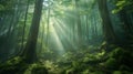In the heart of the dense forest, sunlight filters through the canopy, AI generated