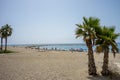 Tall twin palm trees along the Malaguera beach with ocean in the Royalty Free Stock Photo