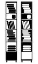 Tall vertical bookcase with a stack of books. Silhouette illustration, isolated on white background Royalty Free Stock Photo