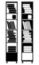 Tall vertical bookcase with a stack of books. Vector silhouette illustration, isolated on white background Royalty Free Stock Photo
