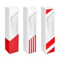 Tall vertical paper box with clear plastic window. White and red design. 3d mockup. Transparent window box vector mock-up