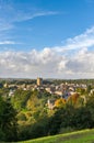 Tall view of Richmond, North Yorkshire and the castle with blue skies and fluffy clouds Royalty Free Stock Photo