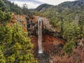 A tall waterfall on the slope of an active volcano in New Zealand surrounded by dence green bush