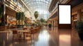 Tall White board with frame on the right of a Shopping mall walk with vegetation parts and empty tables with day light