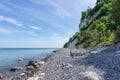 Tall white chalkstone cliffs drop to a rocky beach with a calm ocean and driftwood in the foreground Royalty Free Stock Photo